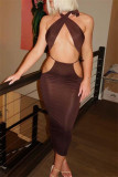 Black Fashion Sexy Solid Bandage Hollowed Out Backless Halter Sleeveless Two Pieces