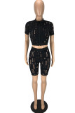 Black Fashion Sexy Solid Ripped Hollowed Out Short Sleeve Two Pieces