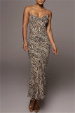 Zebra Fashion Sexy Print Backless Spaghetti Strap Long Dress