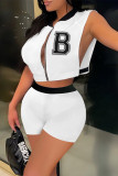White Fashion Casual Letter Print Patchwork Zipper Collar Sleeveless Two Pieces