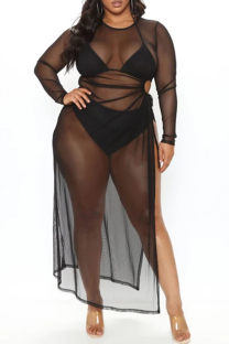 Black Sexy Solid Bandage Hollowed Out See-through Slit O Neck Long Sleeve Plus Size Dresses