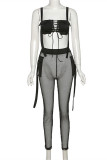 Yellow Fashion Sexy Solid Patchwork See-through Backless Spaghetti Strap Sleeveless Two Pieces