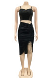 Ink Green Sexy Solid Bandage Hollowed Out Patchwork Draw String See-through Backless Spaghetti Strap Sleeveless Dress