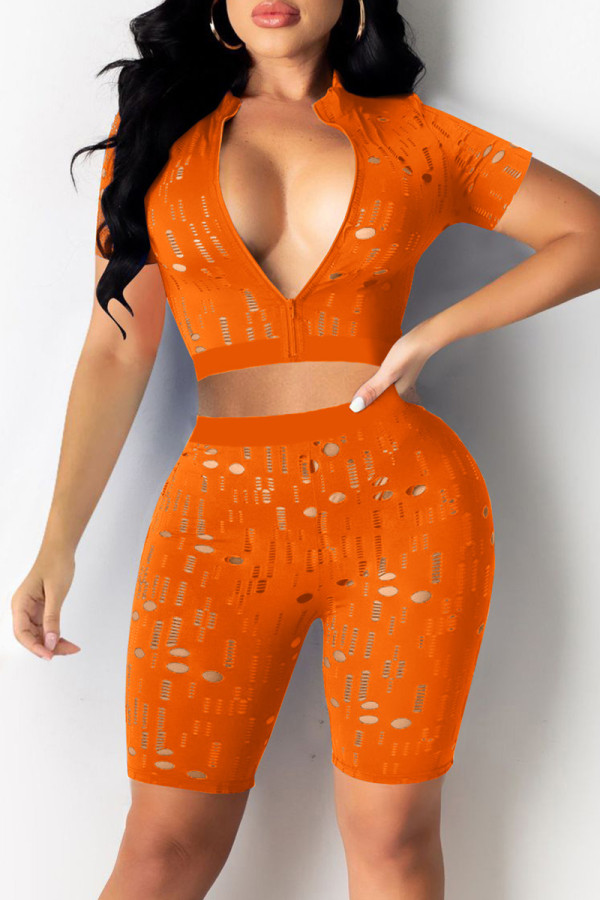 Orange Fashion Sexy Solid Ripped Hollowed Out Short Sleeve Two Pieces