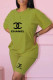 Green Fashion Casual Print Letter O Neck Short Sleeve Two Pieces