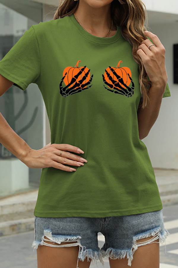 Army Green Fashion Casual Print Basic O Neck T-Shirts