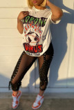 White Fashion Casual Print Basic O Neck T-Shirts