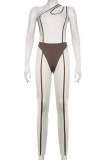 Bare Color Sexy Solid Patchwork One Shoulder Skinny Jumpsuits