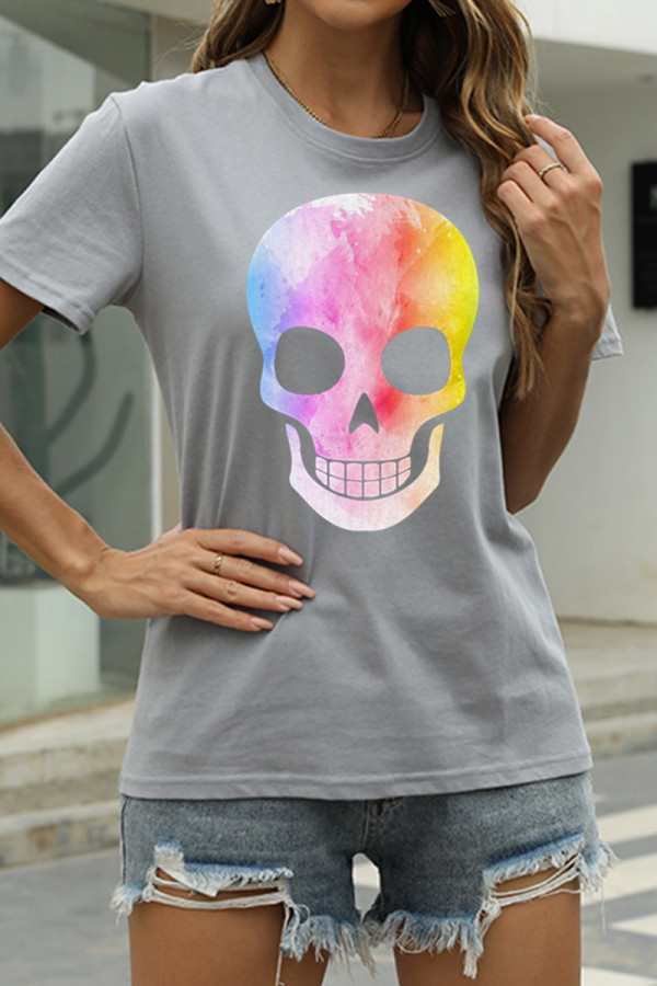 Grey Fashion Casual Skull Head Print Basic O Neck T-Shirts