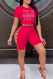 Red Fashion Casual Hot Drilling Bandage Hollowed Out O Neck Short Sleeve Two Pieces