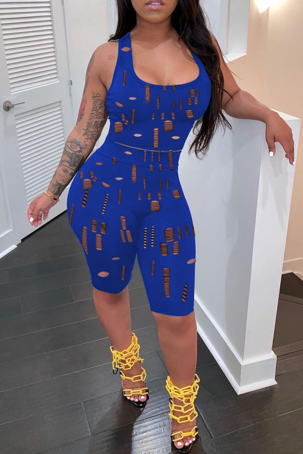 Blue Sexy Casual Solid Ripped Hollowed Out U Neck Sleeveless Two Pieces