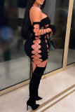 Pink Fashion Sexy Solid Bandage Hollowed Out Backless Off the Shoulder Long Sleeve Dresses