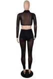 Black Fashion Sexy Solid Patchwork See-through Half A Turtleneck Long Sleeve Two Pieces