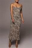 Zebra Fashion Sexy Print Backless Spaghetti Strap Long Dress