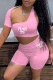 Pink Fashion Sexy Casual Letter Print Asymmetrical One Shoulder Short Sleeve Two Pieces