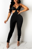 Yellow Sexy Solid Patchwork Halter Skinny Jumpsuits