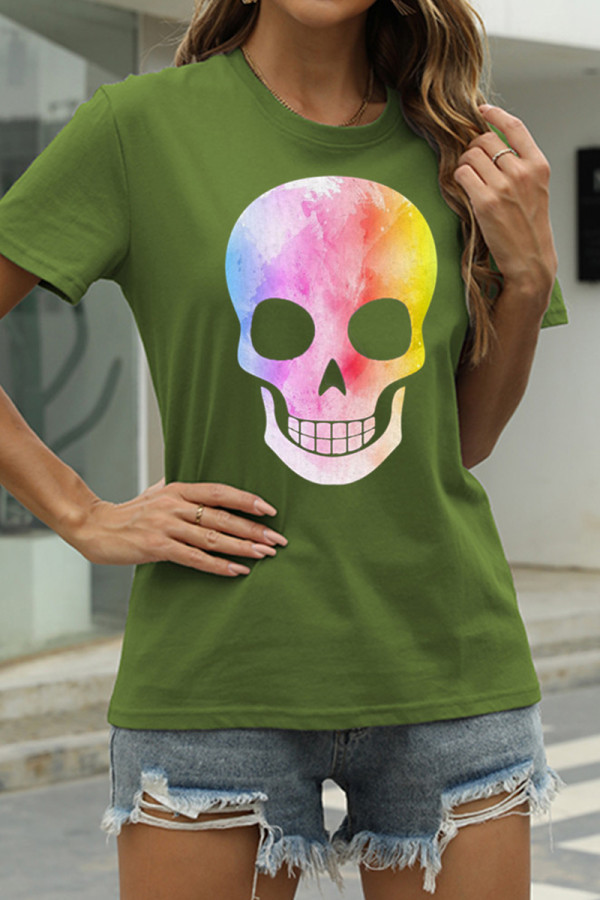 Army Green Fashion Casual Skull Head Print Basic O Neck T-Shirts