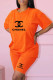 Orange Fashion Casual Print Letter O Neck Short Sleeve Two Pieces