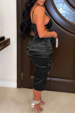 Ink Green Sexy Solid Bandage Hollowed Out Patchwork Draw String See-through Backless Spaghetti Strap Sleeveless Dress