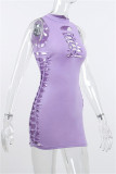 Purple Fashion Sexy Solid Hollowed Out Half A Turtleneck Sleeveless Dress