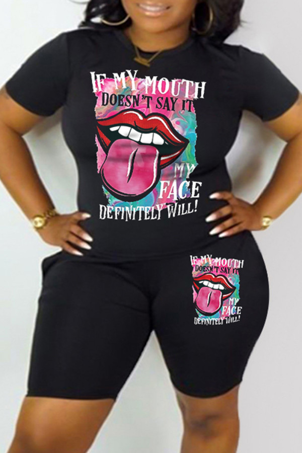 Black Pink Fashion Casual Print Basic O Neck Short Sleeve Two Pieces