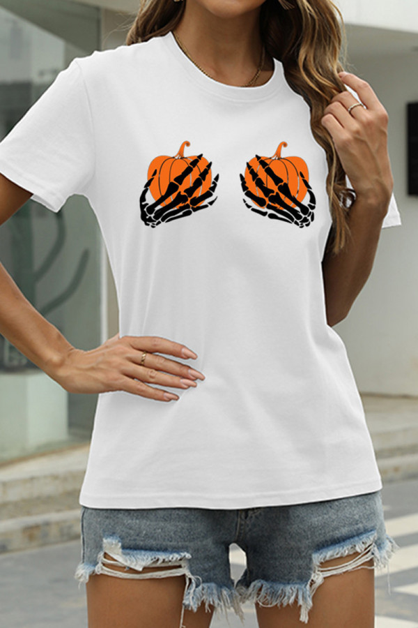 White Fashion Casual Print Basic O Neck T-Shirts