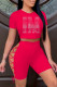 Red Fashion Casual Hot Drilling Bandage Hollowed Out O Neck Short Sleeve Two Pieces