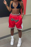 Red Fashion Casual Letter Print Patchwork Regular High Waist Shorts