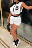 White Fashion Casual Letter Print Patchwork Zipper Collar Sleeveless Two Pieces
