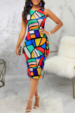 Green Sexy Print Patchwork O Neck Pencil Skirt Dresses