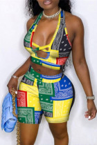 Yellow Sexy Casual Print Hollowed Out Split Joint Backless Halter Plus Size Two Pieces