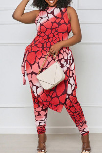 Red Casual Print Bandage Split Joint Asymmetrical O Neck Plus Size Two Pieces