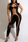 Black Fashion Sexy Patchwork Bandage See-through Backless Halter Skinny Jumpsuits