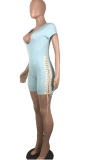 Blue Sexy Solid Hollowed Out U Neck Skinny Rompers