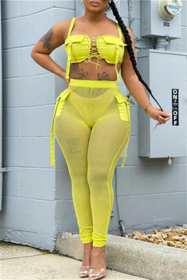 Yellow Fashion Sexy Solid Patchwork See-through Backless Spaghetti Strap Sleeveless Two Pieces