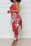 Tangerine Red Casual Print Bandage Split Joint Asymmetrical O Neck Plus Size Two Pieces