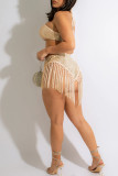Champagne Fashion Sexy Patchwork Tassel Hollowed Out Sequins Backless Strapless Skinny Romper