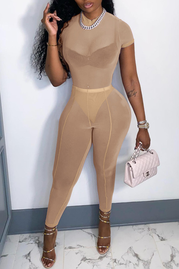 Khaki Fashion Sexy Solid See-through O Neck Short Sleeve Two Pieces