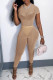 Khaki Fashion Sexy Solid See-through O Neck Short Sleeve Two Pieces