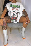 White Fashion Casual Print Basic O Neck T-Shirts