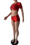 Red Fashion Sexy Solid Hollowed Out Patchwork V Neck Short Sleeve Two Pieces