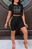 Red Fashion Casual Hot Drilling Bandage Hollowed Out O Neck Short Sleeve Two Pieces