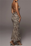 Zebra Fashion Sexy Print Backless Spaghetti Strap Long Dress