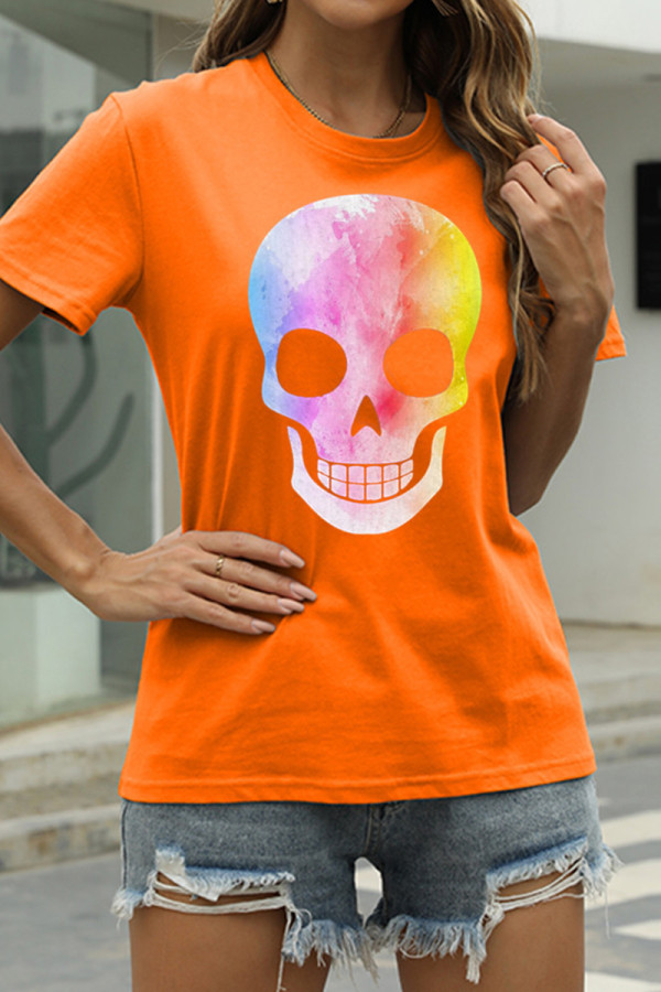 Orange Fashion Casual Skull Head Print Basic O Neck T-Shirts