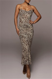 Zebra Fashion Sexy Print Backless Spaghetti Strap Long Dress