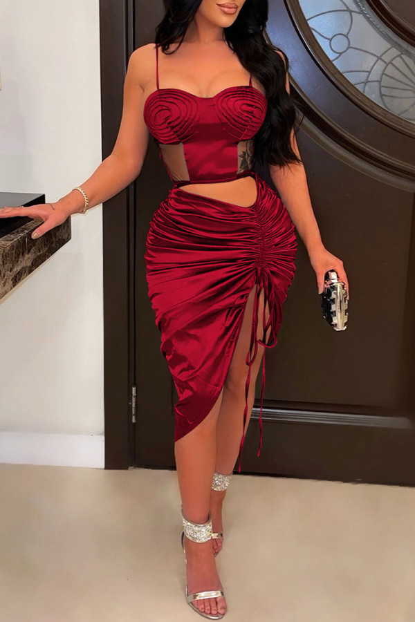 Burgundy Sexy Solid Bandage Hollowed Out Patchwork Draw String See-through Backless Spaghetti Strap Sleeveless Dress