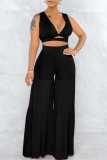 Black Fashion Casual Solid Hollowed Out Split Joint Backless V Neck Sleeveless Two Pieces