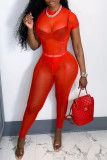 Red Fashion Sexy Solid See-through O Neck Short Sleeve Two Pieces