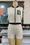 White Fashion Casual Letter Print Patchwork Zipper Collar Sleeveless Two Pieces