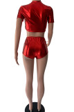 Red Fashion Sexy Solid Hollowed Out Patchwork V Neck Short Sleeve Two Pieces